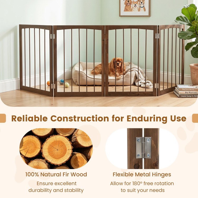 4-panel brown dog gate made of natural fir wood, featuring flexible hinges for 180° rotation, ideal for indoor pet containment.