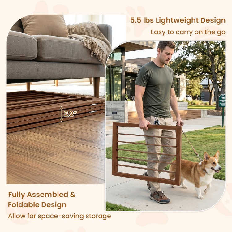4-panel wooden dog gate in brown, featuring a lightweight design for easy transport and foldable for compact storage.