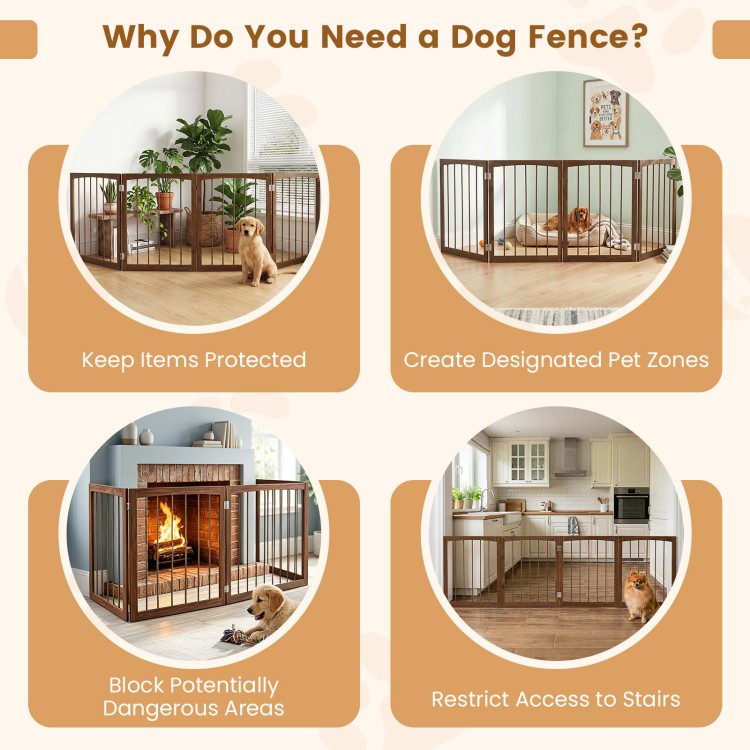 4-panel brown wooden dog gate measuring 83 inches wide and 30 inches high, ideal for indoor pet containment and room division.