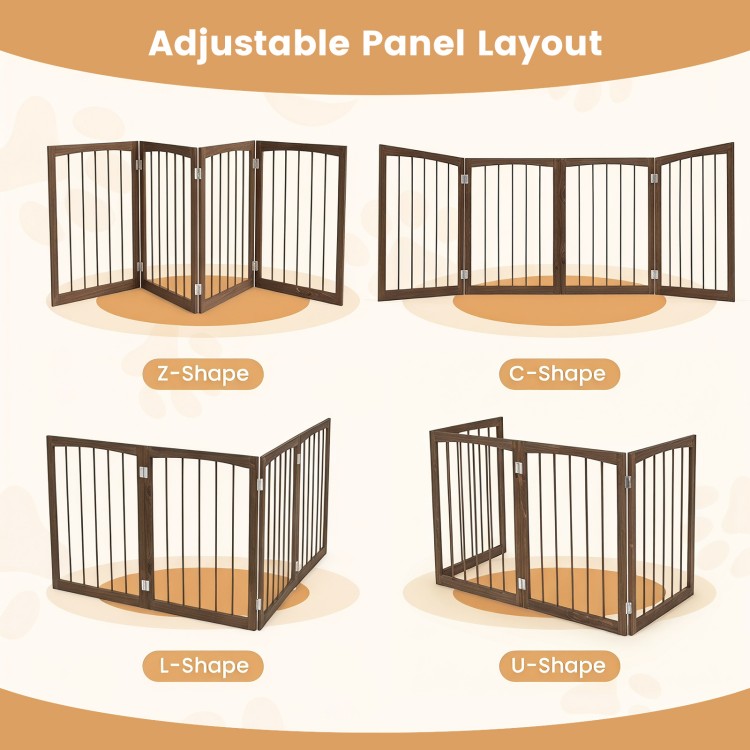 Adjustable 4-panel wooden dog gate in brown, featuring flexible layouts for versatile indoor pet containment.