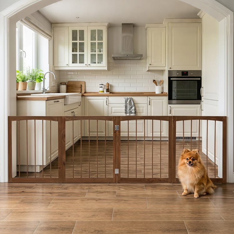 Freestanding 4-panel wooden dog gate in brown, ideal for indoor use to contain pets and protect spaces.