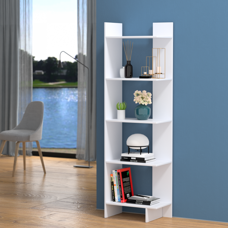 5-tier decorative storage bookshelf in white engineered wood, featuring spacious open shelves for stylish home.