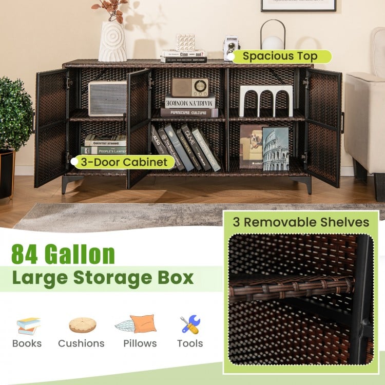 84-gallon brown patio wicker deck box with 3 doors, removable shelves, and spacious top for outdoor storage.