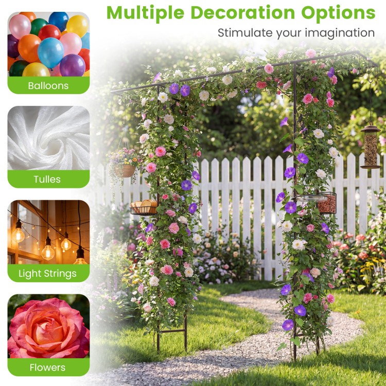 Garden arbor with black galvanized metal frame, multifunctional hooks, and support for climbing plants, ideal for outdoor spaces.
