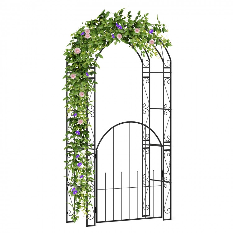 84-inch tall metal garden arch with gate, featuring elegant patterns and climbing trellises for vertical plant support.
