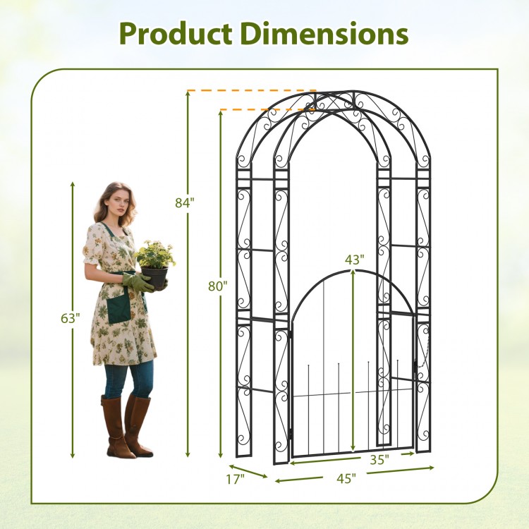 Garden arch dimensions showing the 84-inch tall metal arbor with gate, perfect for climbing plants and decorative use.