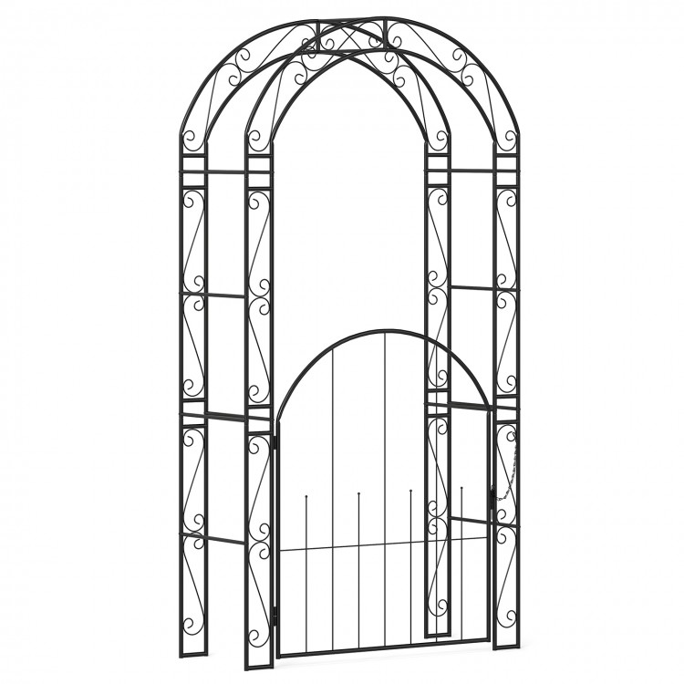 84-inch tall metal garden arch with gate, featuring elegant patterns and arched top for climbing plants and decor.