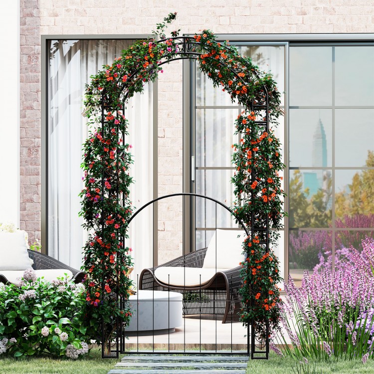 84-inch tall metal garden arch with gate, featuring climbing trellises for plants and elegant design for outdoor decor.