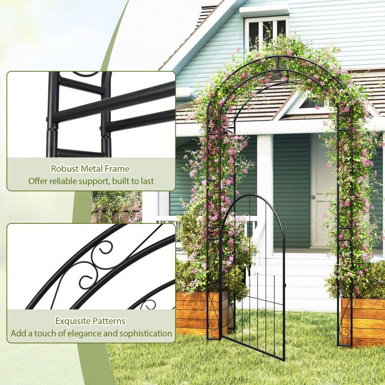 Garden arch metal arbor with gate, 84 inches tall, featuring exquisite patterns and a robust metal frame for climbing.