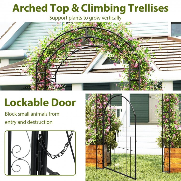 84-inch tall metal garden arch with lockable door, arched top, and climbing trellises for vertical plant support.