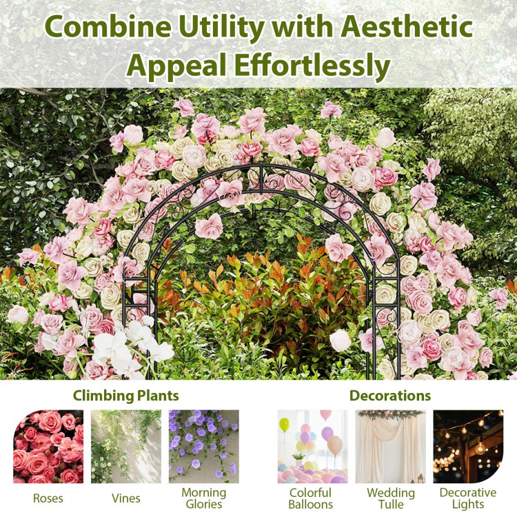 84-inch tall metal garden arch with elegant patterns, perfect for climbing plants and decorative accents in outdoor.