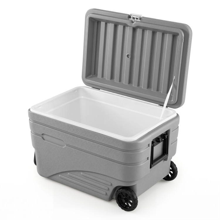 Portable 84 Quart gray ice cooler with foldable pull handle, wheels, and drain hole for easy cleanup and transport.