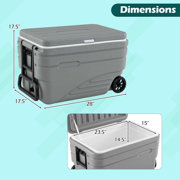 Portable 84 Quart wheeled ice cooler in gray with foldable pull handle, showcasing dimensions and spacious interior.