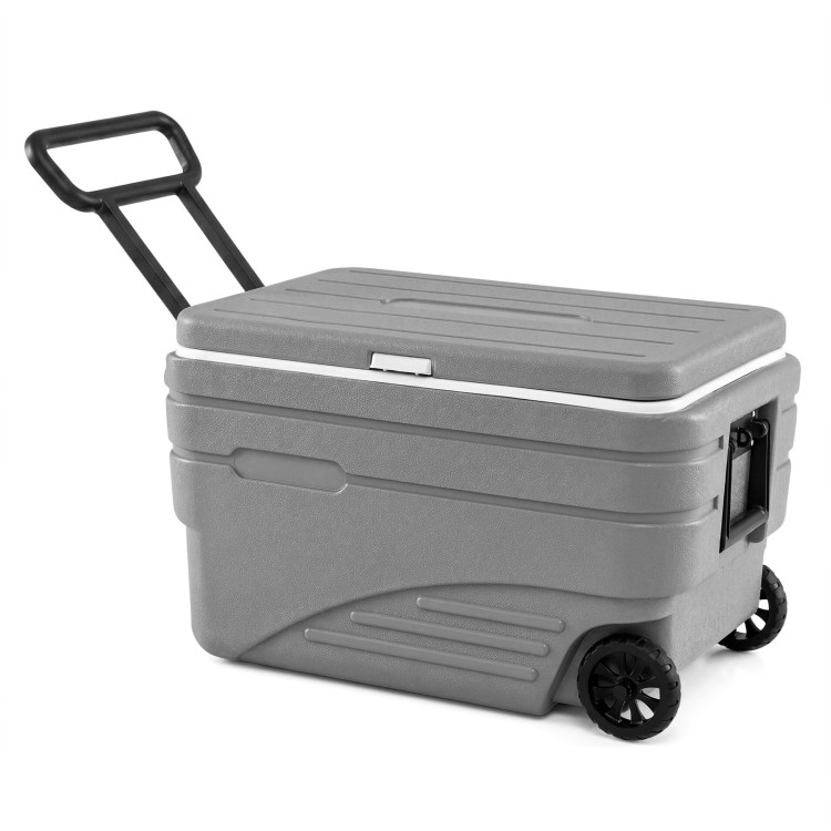 Portable 84-quart wheeled ice cooler in gray with foldable pull handle, designed for easy transport and ice retention.