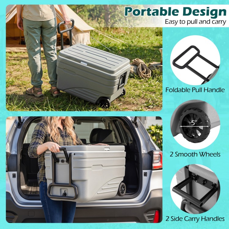 Portable 84 Quart wheeled ice cooler in gray showcases two side carry handles and smooth wheels for effortless transport.