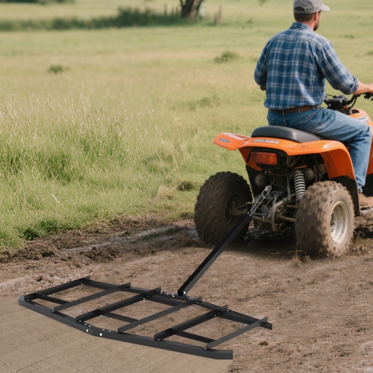 84-inch driveway drag tow behind landscape leveling rake in black, designed for UTVs and ATVs, ideal for leveling soil.
