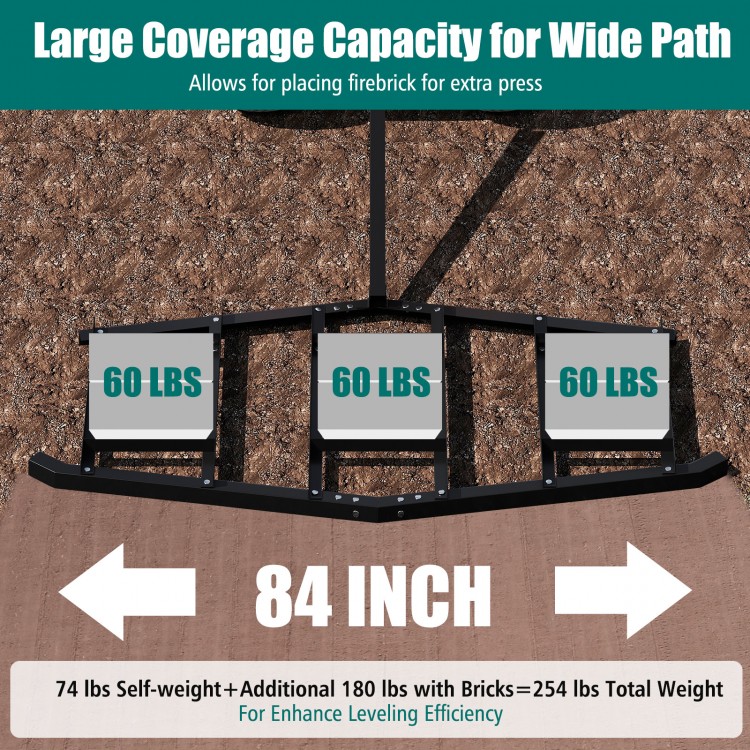 84-inch driveway drag tow behind landscape leveling rake with reinforced bars, designed for quick coverage of large.