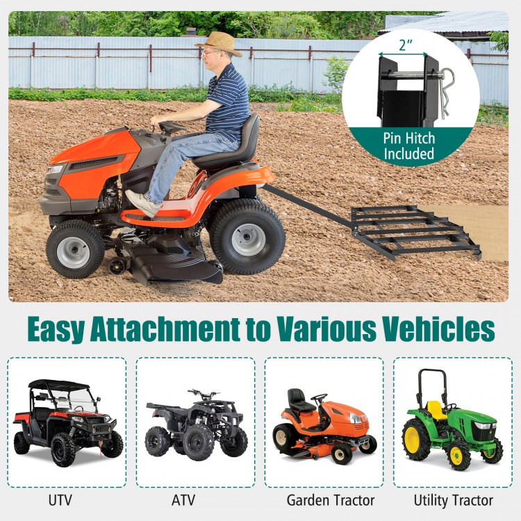 84-inch driveway drag tow behind landscape leveling rake, made from powder-coated metal, for UTVs and ATVs.
