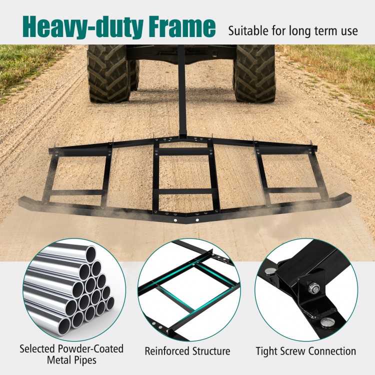 84-inch wide driveway drag tow behind landscape leveling rake with heavy-duty frame for efficient soil and gravel.