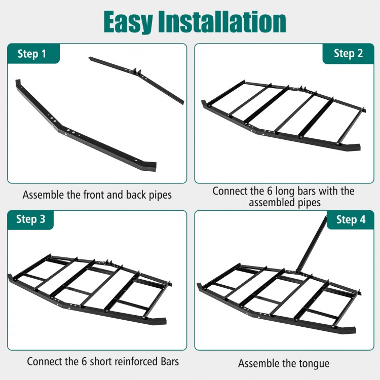 Driveway drag tow behind landscape leveling rake assembly steps with reinforced bars for UTVs and ATVs.