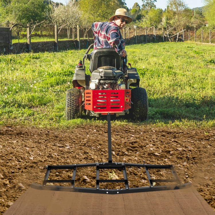 84-inch wide driveway drag tow behind landscape leveling rake for gardens and farms, featuring a reinforced structure.