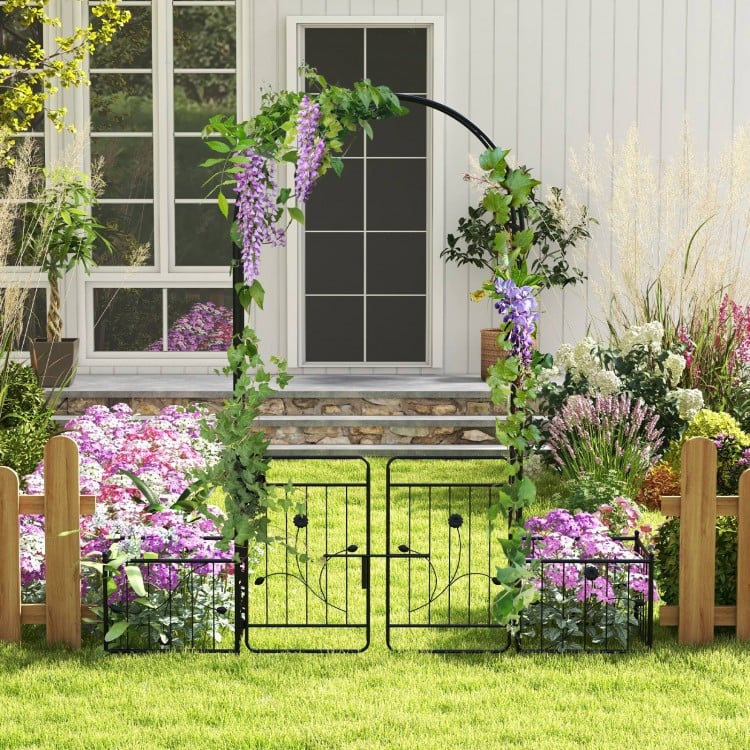 Garden arbor with lockable gate and side planters, made of premium metal, perfect for enhancing outdoor spaces.
