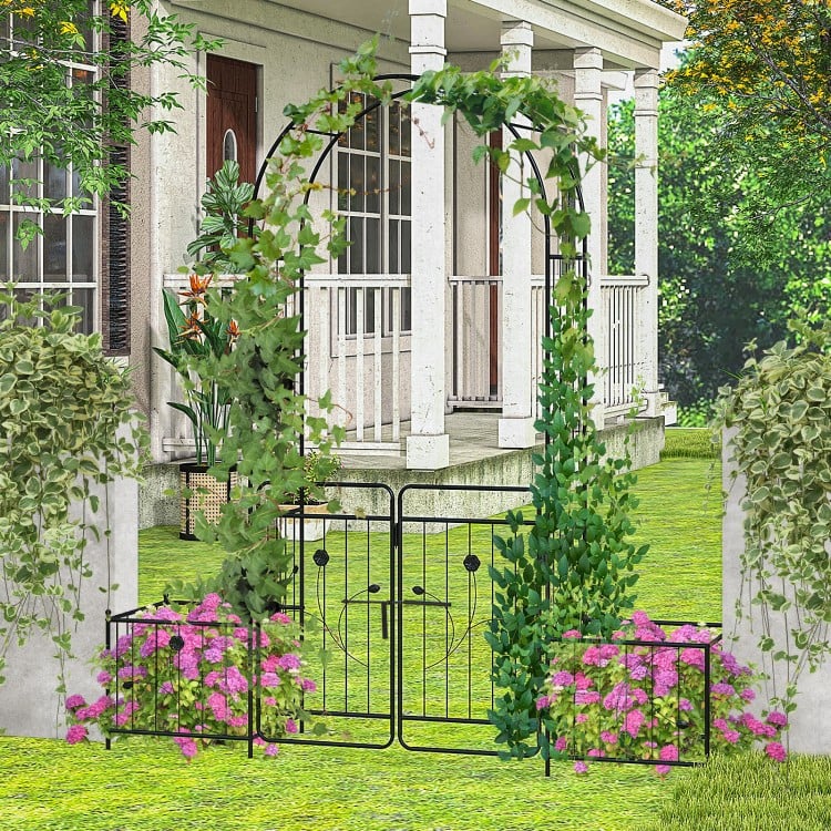 Garden arbor with lockable gate and side planters, made of premium metal, ideal for enhancing outdoor spaces.