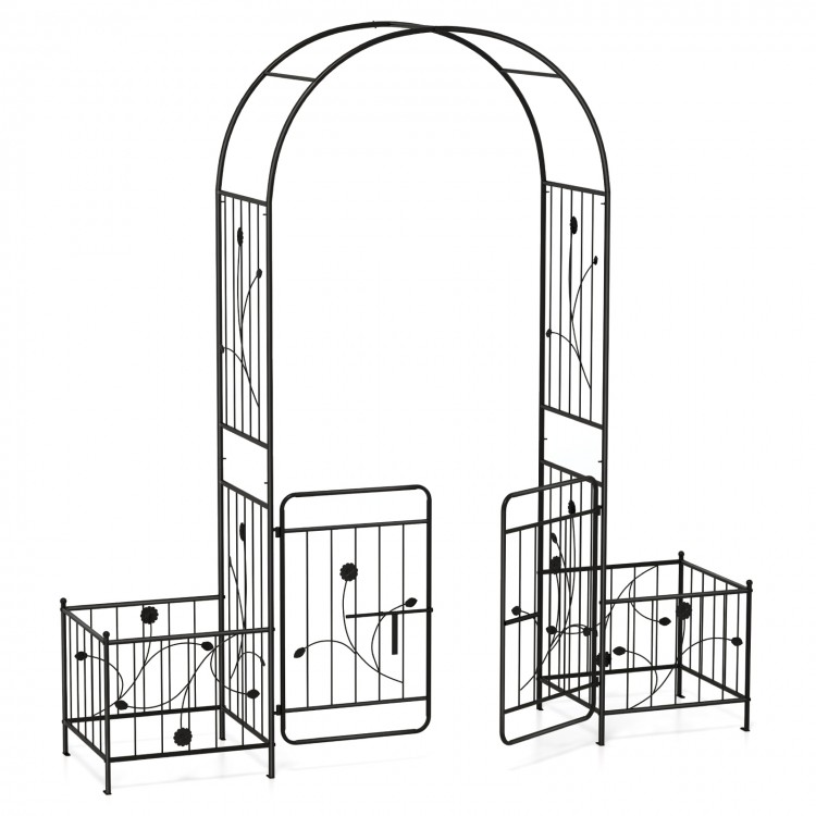 Garden arbor with lockable gate and side planters, made of premium metal, ideal for weddings and backyard decoration.