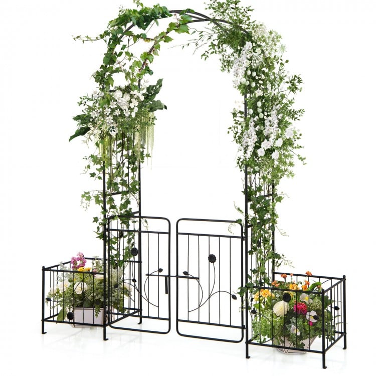 Garden arbor with lockable gate, black metal design, features side planters and climbing trellis for garden decoration.