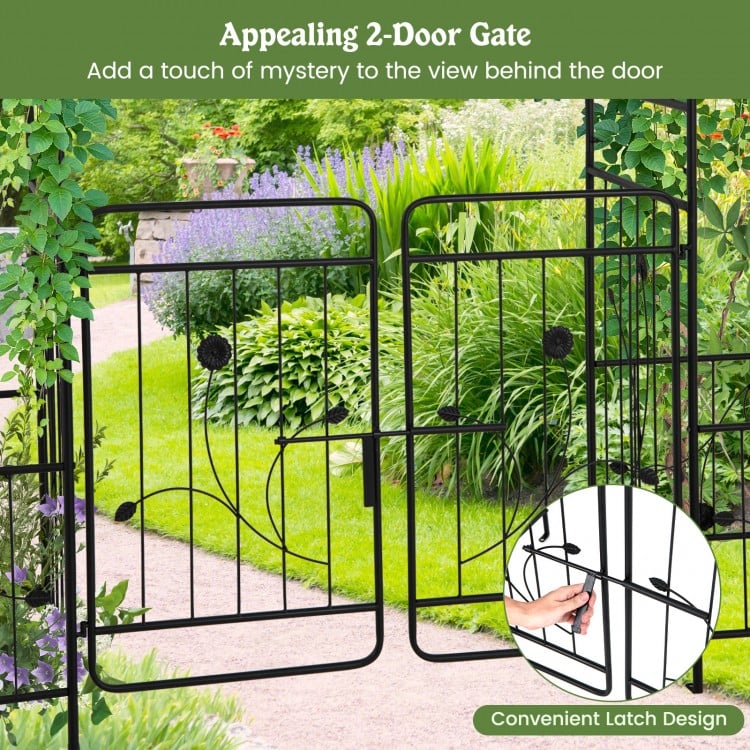 Two-door garden gate with convenient latch design, black metal finish, ideal for adding charm to outdoor spaces.