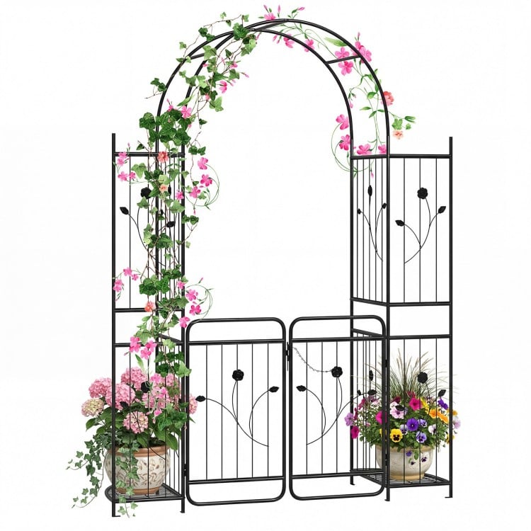 87-inch tall garden arch with gate, planter shelves, and climbing trellises, perfect for supporting vines and flowers.