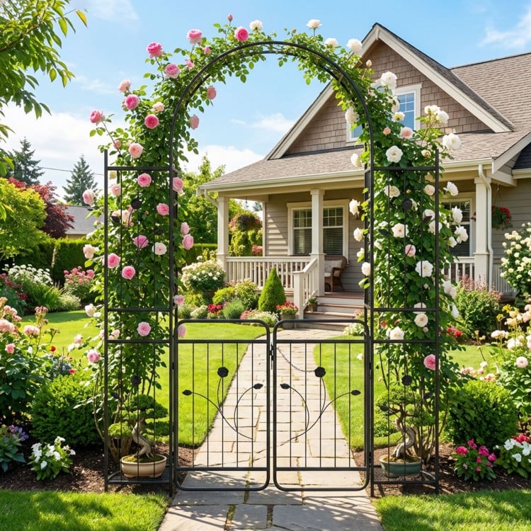 Tall garden arch with gate and planter shelves, featuring climbing trellises and elegant floral design for outdoor.