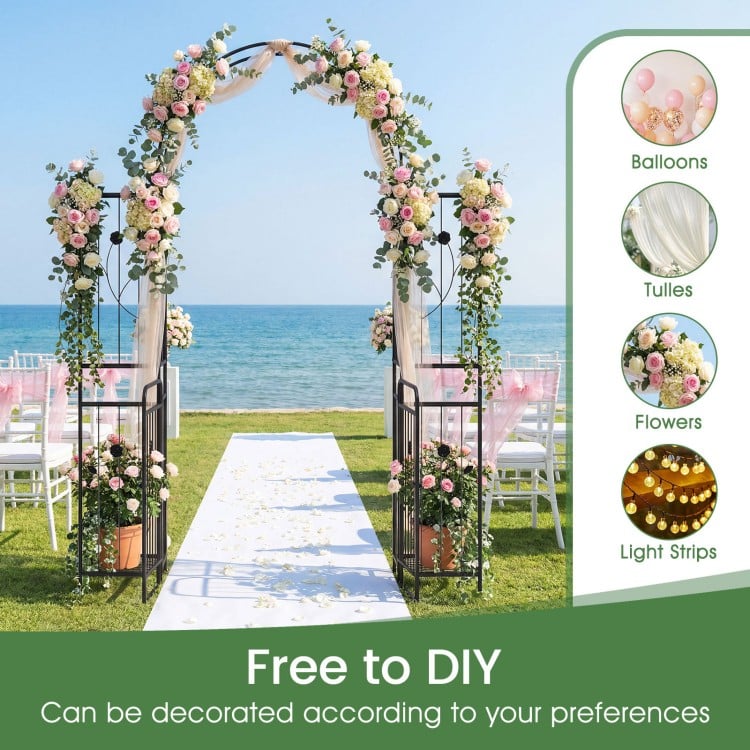 Tall garden arch with planter shelves, featuring climbing trellises for plants, ideal for weddings and outdoor decor.