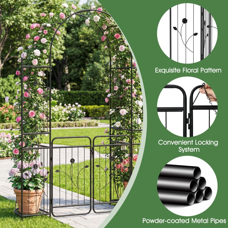 Garden arch with gate and planter shelves, featuring a floral pattern and sturdy metal construction for climbing plants.