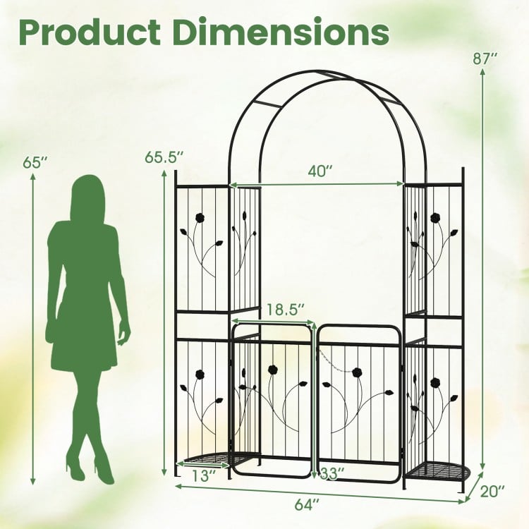 Dimensions of the 87-inch tall garden arch with gate, planter shelves, and climbing trellises for versatile garden use.