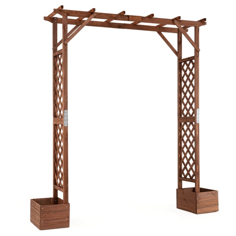 87-inch tall wooden garden arbor with planter boxes, diamond lattice, and flat roof for climbing plants and decorations.