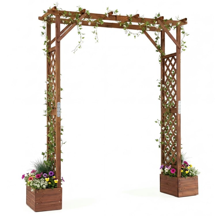 Wooden garden arbor with planter boxes, diamond lattice for climbing plants, and a sturdy hanging roof for outdoor use.