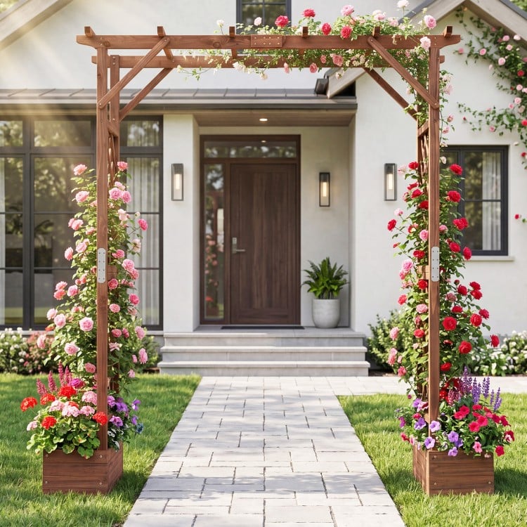 Wooden garden arbor with planter boxes and hanging roof, ideal for climbing plants and enhancing outdoor spaces.