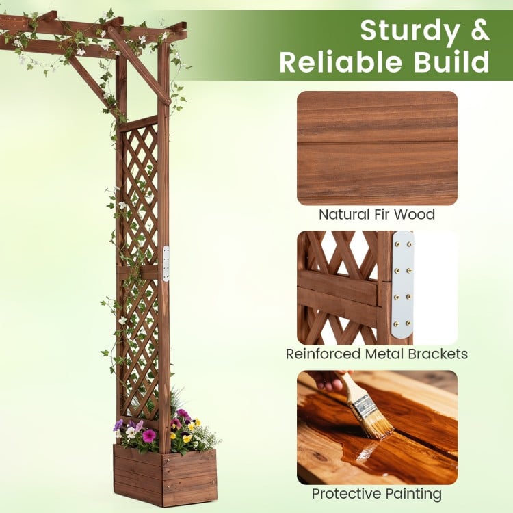 87-inch tall wooden garden arbor made of solid fir wood with planter boxes, ideal for climbing plants and outdoor decor.
