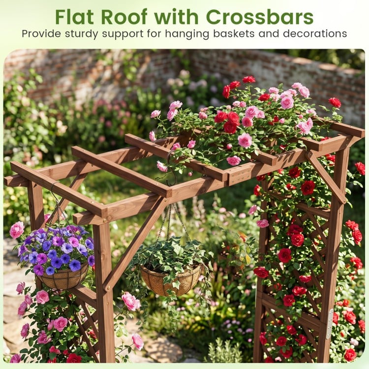 Flat roof wooden garden arbor with crossbars supports hanging baskets, ideal for climbing plants and outdoor decor.
