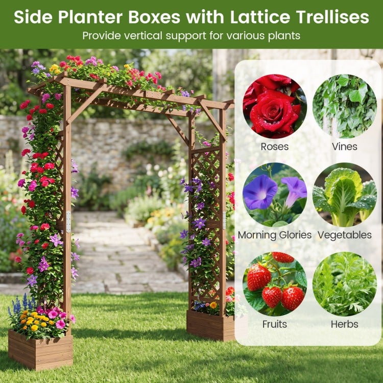 Wooden garden arbor with planter boxes and lattice trellises, ideal for supporting climbing plants in outdoor spaces.