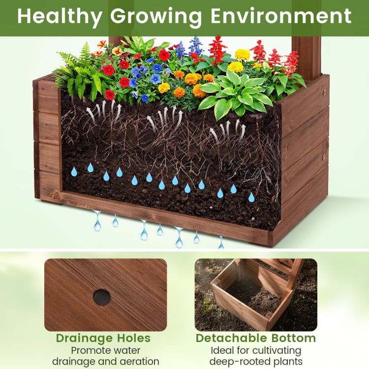 Tall wooden garden arbor with planter boxes, drainage holes, and a detachable bottom for deep-rooted plants.