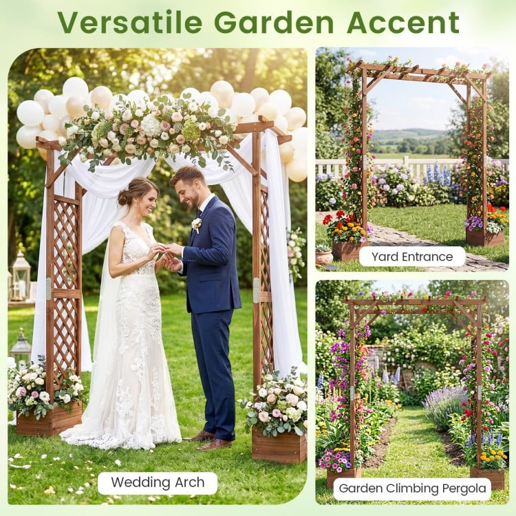 Wooden garden arbor with planter boxes and hanging roof, ideal for climbing plants and charming wedding setups.