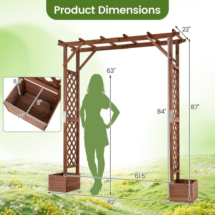 87-inch tall wooden garden arbor with planter boxes, featuring a hanging roof for climbing plants and elegant arch design.