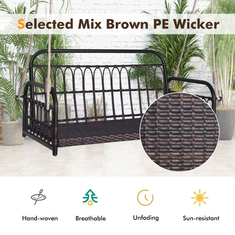 Wicker hanging porch swing in mix brown PE wicker with soft cushions, suitable for outdoor use and easy assembly.