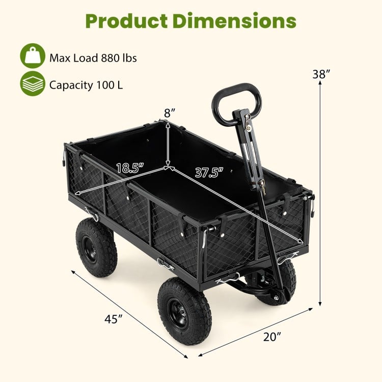 Utility wagon dimensions showing a heavy-duty black flatbed with removable liner, ideal for gardening and outdoor use.