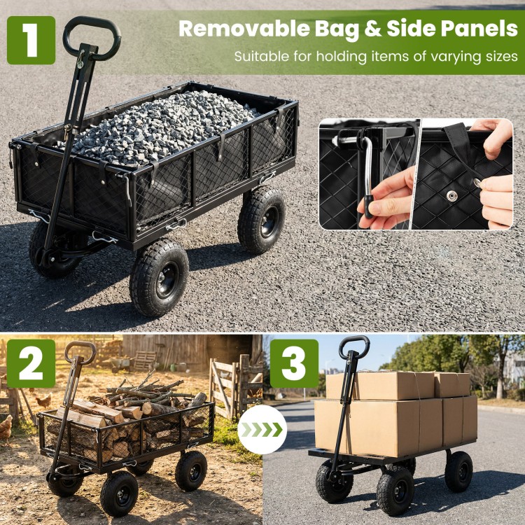 Utility wagon with removable Oxford cloth liner, shown loaded with firewood, ideal for gardening and outdoor use.