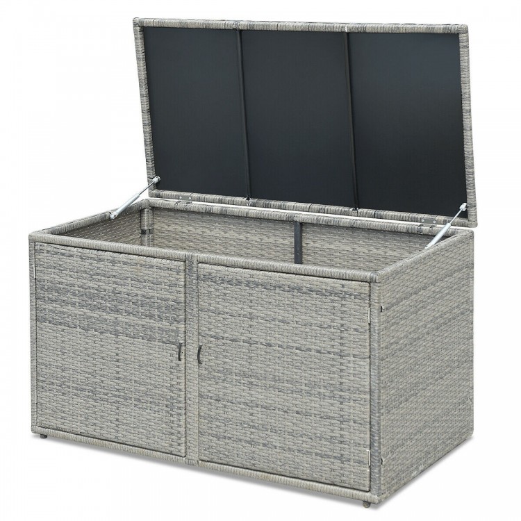 Gray 88-gallon garden patio rattan storage container box with dual openings, ideal for outdoor storage solutions.
