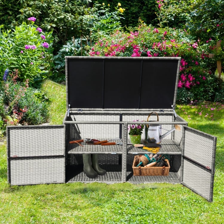Gray 88-gallon garden patio rattan storage container box with dual layers, ideal for outdoor organization and storage.