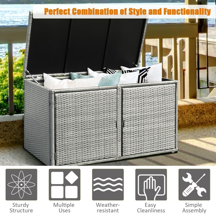 Gray 88-gallon garden patio rattan storage container box with adjustable feet, ideal for outdoor use and easy cleaning.
